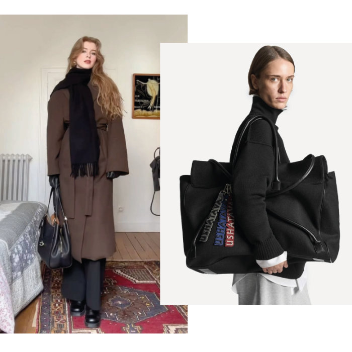 Main style features: Scarf. Roomy bags.