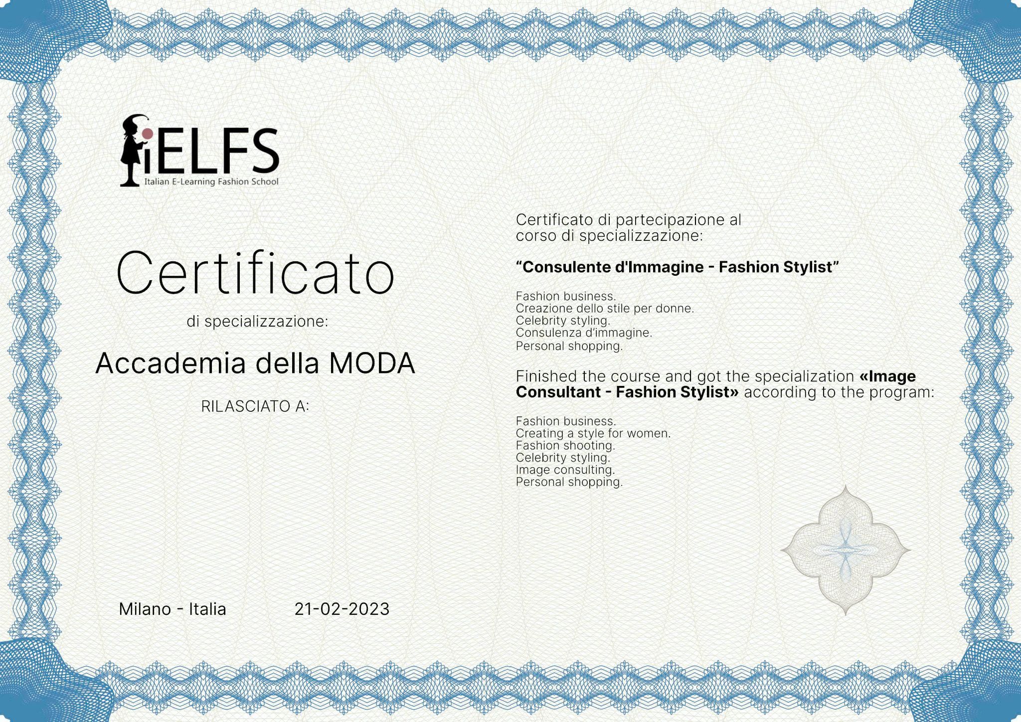 Sample Accademia della Moda certificate issued by Italian E-Learning Fashion School