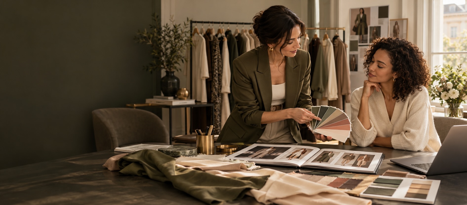 Personal stylist consulting a client with colour swatches in a fashion studio
